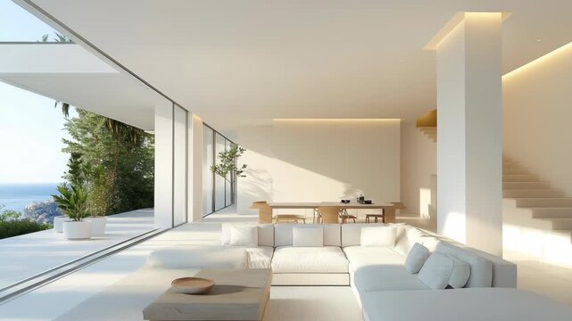 Luxurious minimalist living room with panoramic sea view and sunlight reflecting on white surfaces, elegance, calm atmosphere, and beauty of modern coastal architecture filled with peace and balance.
