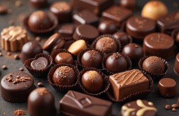 Assorted chocolate candies in box. Different shapes and toppings of dark milk white cocoa confections. Rich dessert treats background for holidays or gifts.