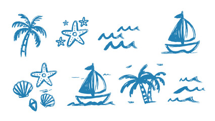 Playful Summer Beach Scene Sketches With Palm Trees, Starfish, Waves, And Sailboats