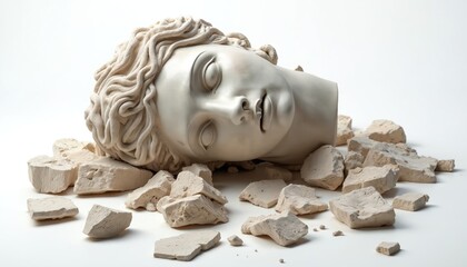 Broken Greek statue head rests on white background amongst stone fragments. Classical sculpture piece displays intricate details of a serene face. Remains of an ancient artifact.