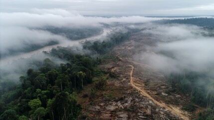 Amazon river with deforestation zone