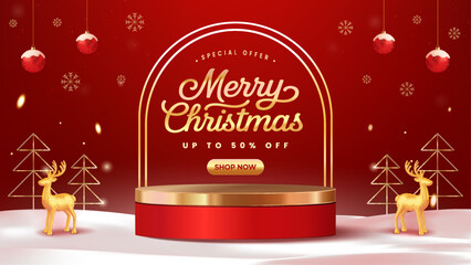Merry Christmas Promotional Stage With Red Gold Arch, Reindeer, Snow and Gift Shop Button