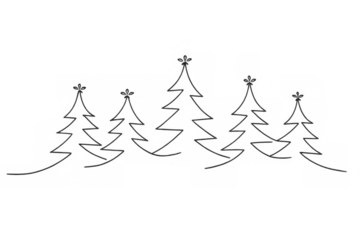 Continuous line drawing of christmas trees creating a seamless winter forest design with transparent background