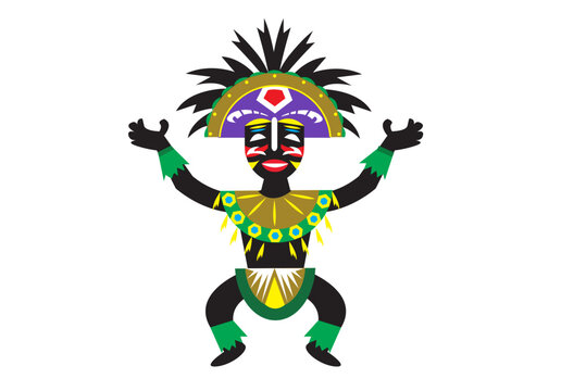Ethnic Attire of  a ritual dance for a tribe. With Black mask and feathers. Editable Clip Art.