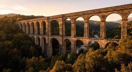 Fototapeta premium Ancient Roman Aqueduct Bridge Surrounded by Autumnal Forest and River at Golden Hour