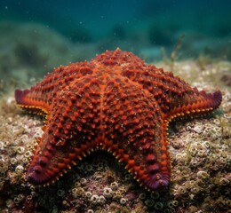 Red Cushion Sea Star Underwater on Rocky Seabed with Barnacles