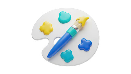 3D Render of a Paintbrush and Art Palette with Colorful Paint Blobs