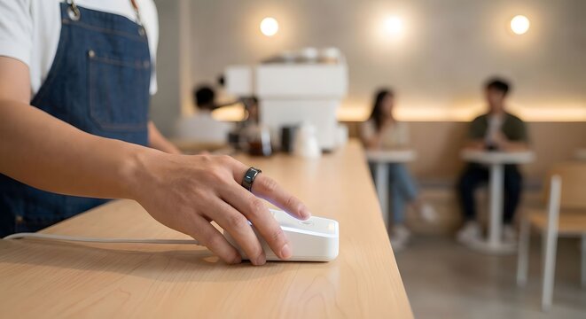 Barista with smart ring interacting with a device on a cafe counter, with customers blurred in the background