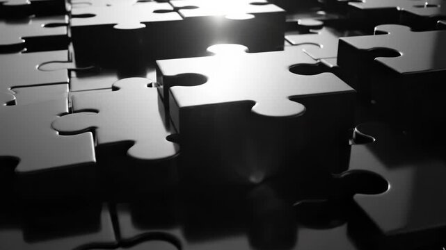 Black puzzle pieces on a flat surface with some pieces connected and others separate