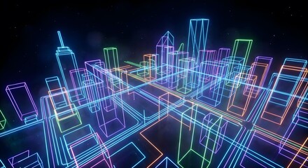 Neon Wireframe Cityscape, Futuristic 3D Render of Abstract Digital Urban Landscape with Glowing Lines on Dark Background, Cyberpunk or Metaverse Concept