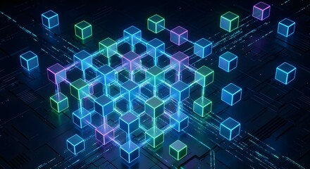 Abstract Blockchain Network with Glowing Neon Cubes and Data Lines