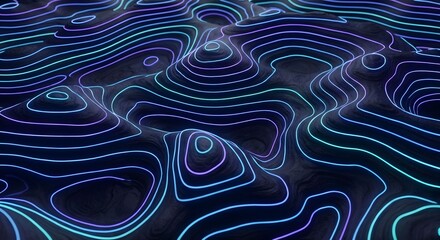 Abstract Topographical Map with Glowing Neon Contour Lines on Dark Textured Surface