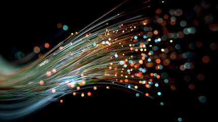 Fiber Optic Cable Bundle Emitting Multiple Color Strands  cable, bundle, emitting, multiple, beams, 