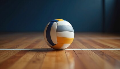 Volleyball rests on polished wood gym floor near white court line. The professional sport ball awaits next game. Blue dark wall background with soft light.