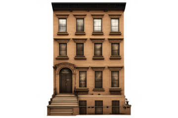 Brownstone building facade displaying multiple windows, ornate doorway, and classic steps against a transparent background