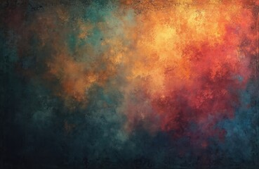 Obraz premium Abstract backdrop with warm orange, red, and cool teal hues. Rough textured surface with grunge effect. Dark vignette frames vivid, energetic cloud-like patterns, creating dynamic mood.