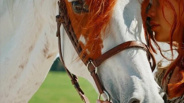 Freckled Redhead Woman Resting Against Spotted Brown White Horse