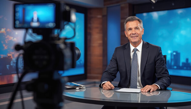 Male news anchor sits at desk in broadcast studio, looking at camera. Professional man in suit prepares for live TV show. Media journalist in front of large screen, ready for filming.