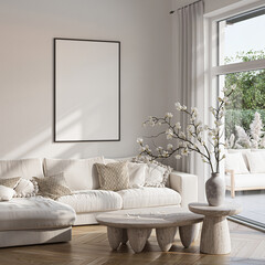 Modern Living Room Poster Frame Mockup with Natural Light and Minimalist Decoration. 3D render.