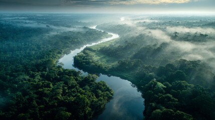 Aerial view of the Amazon River surrounded by forest and fog