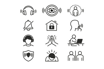Set vector listening work cue boundary interruption coworking personal icon shield sound