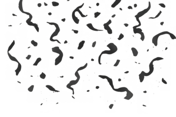 Falling black confetti and streamers on a transparent background creating a festive celebration atmosphere