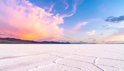 Wide salt flat landscape under a vibrant pastel sky with abstract cloud formations, evoking freedom, openness, and creativity, perfect for modern wallpapers, backgrounds, travel concepts.