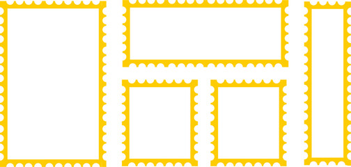 Set of Golden Postage Stamp Frame Borders in Various Rectangular and Square Shapes, Perforated Edge Template for Mail and Philately Design