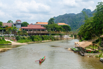 street view of vang vieng city, laos