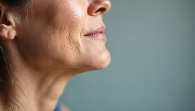 Close-up side profile of an elderly woman neck and jaw showing prominent wrinkles and skin texture. Aging skin detail, natural skin tone, subtle smile lines.