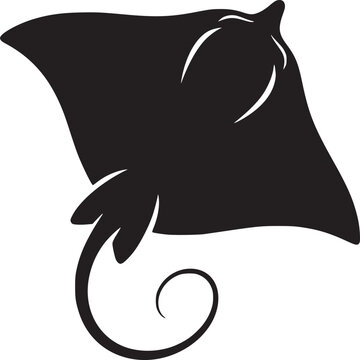 A silhouette of a stingray with a curled tail on a white background in a minimalist style design