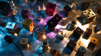 Modular Cable Plugs And Adapters Scattered Across Metallic 