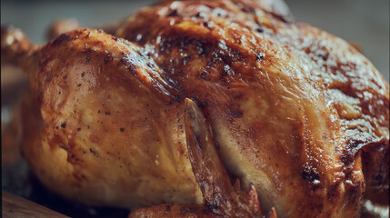 Close-up of a golden roasted chicken with crispy skin, highlighting appetizing texture and warmth.