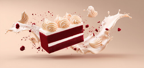 A slice of red velvet cake floats with splashes of cream and crumbs, creating a dynamic and modern dessert concept.