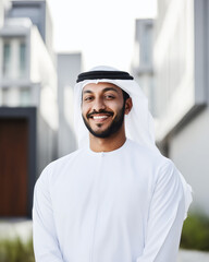 A smiling Middle Eastern man in traditional white attire standing outdoors, representing confidence, modern culture, and professional portraiture.