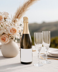 A bottle of sparkling wine with two empty champagne flutes on an elegant table setting, conveying celebration, romance, and special occasions.