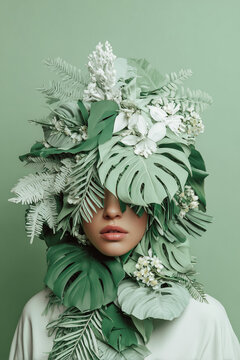 Unique fashion statement with model wearing vibrant green foliage headdress adorned with white flowers and leaf textures. Artistic embodiment of nature with creative leafy design,