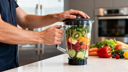 Hands of a person preparing a smoothie in a modern kitchen, with a blender filled with fresh fruits and vegetables, showcasing healthy lifestyle and vibrant colors
