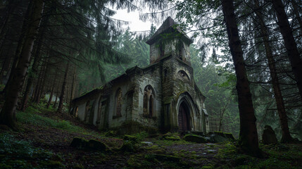 An abandoned stone church surrounded by dense forest and moss-covered ground, creating a mysterious and atmospheric scene of decay and history.