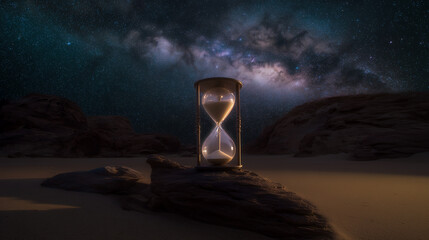 A glowing hourglass standing on desert sand beneath a star-filled night sky and Milky Way, symbolizing time, infinity, and cosmic reflection.