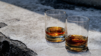 Two glasses of whiskey resting on a textured stone surface, evoking relaxation, sophistication, and quiet moments of indulgence.