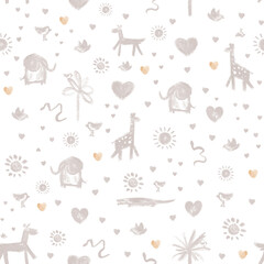 Whimsical safari pattern featuring stylized depictions of elephants, giraffes, birds, and other animals. Additional elements include palm trees, suns, and hearts. Seamless hand drawn pattern in beige 