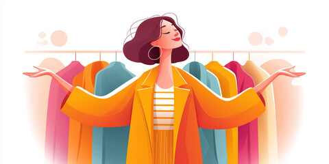 Fashion illustration of cheerful woman in stylish yellow coat surrounded by colorful clothing items hanging in wardrobe. Bright and trendy clothing display evokes joy and enthusiasm for fashion.