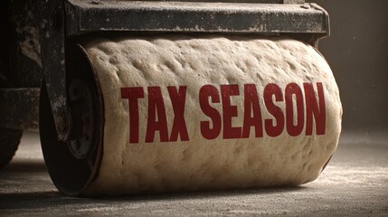 Heavy roller compressing a large paper with bold text reading tax season, symbolizing financial deadlines and the pressure of tax preparation