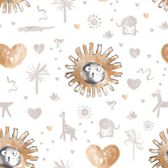 Seamless safari animals pattern. A cat in a lion costume. Whimsical safari-themed pattern featuring stylized cat with manes, elephants, giraffes, and palm trees on a white background.