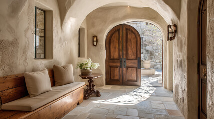 Fototapeta premium Rustic Foyer with Stone Floor and Arched Wooden Door, Antique Bench, Warm Lighting, Cozy Entrance