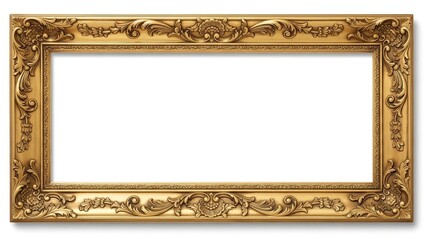 Elegant gold picture frame with ornate floral designs on white background