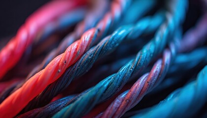 Closeup view of twisted wires. Neon colors glow on power cords and data cables. Abstract background suggests technology and cyberspace with fast digital connections and information flow.