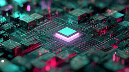 Stylized Glowing Microchip Embedded in Digital Matrix with Futuristic Glow Effects