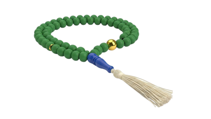 Green prayer beads with blue tassel and gold accent